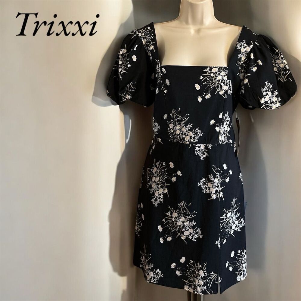 Trixxi Women's XL Black Daisy Floral Puff Sleeve Bodycon Mini Dress